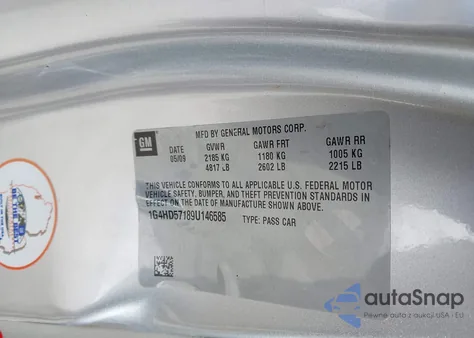 2009 Buick Lucerne Cxl Special Edition z USA, uszkodzony, nr VIN 1G4HD57189U146585